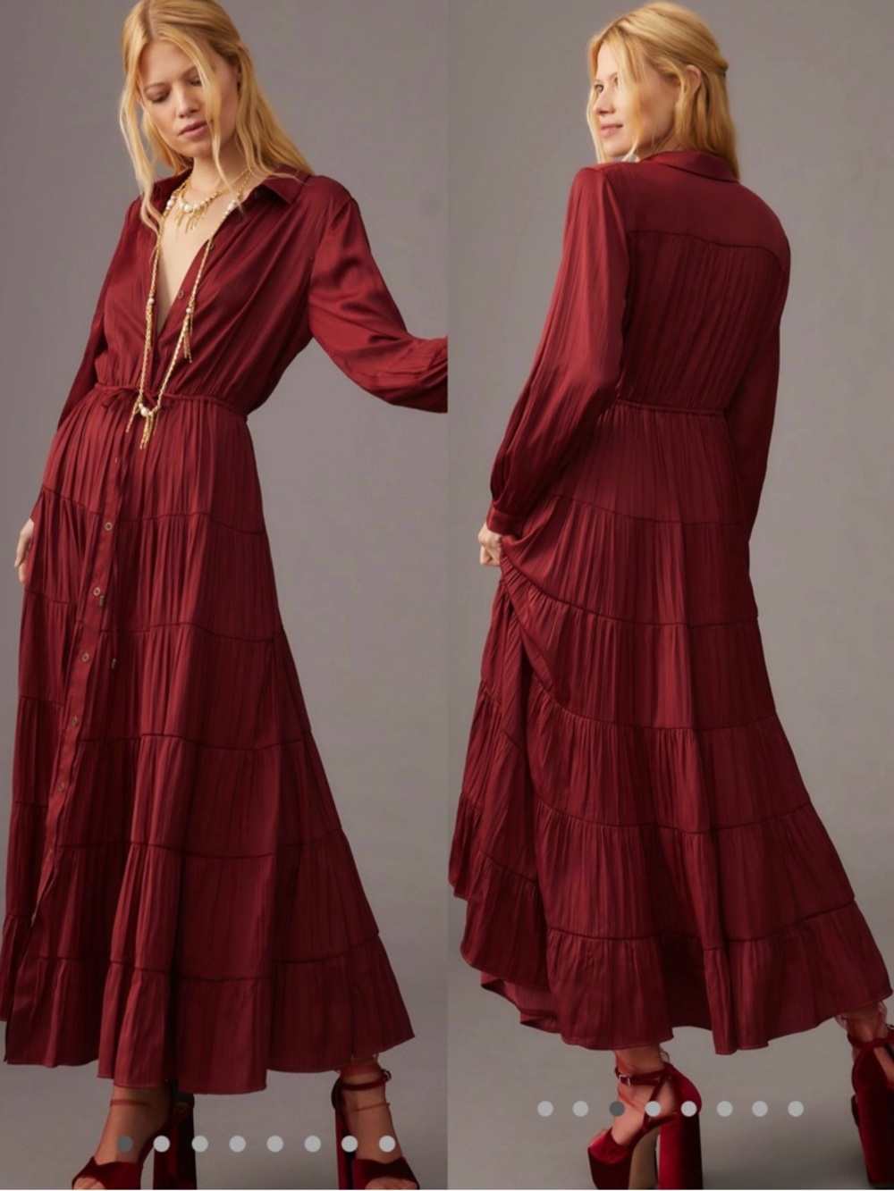 Anthropologie Tiered Button Front Crimson Maxi Dress Small